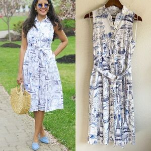 Chetta B Blue and White Scenic Print Midi Dress-size 6